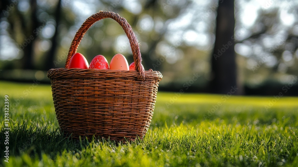 A wicker basket containing colorful Easter eggs sits on green grass A wicker basket containing colorful Easter eggs sits on green grass