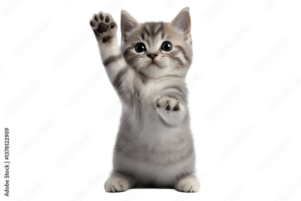 Obraz premium Cute Kitten Photo Isolated On Transparent Background With Paw Up Greeting
