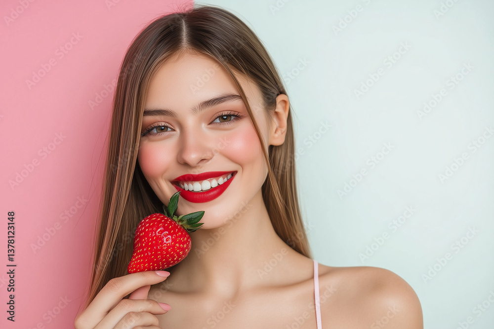 Dual-Isolation Elegance: Smiling Woman with Strawberry - Ultra HD Split Background Portrait (Copy Space, Mockup Ready) Dual-Isolation Elegance: Smiling Woman with Strawberry - Ultra HD Split Background Portrait (Copy Space, Mockup Ready)
