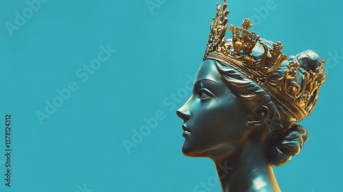Side profile of royal woman wearing ornate crown and pearl jewelry, dramatic lighting in blue tones, concept of royalty and elegance. photo