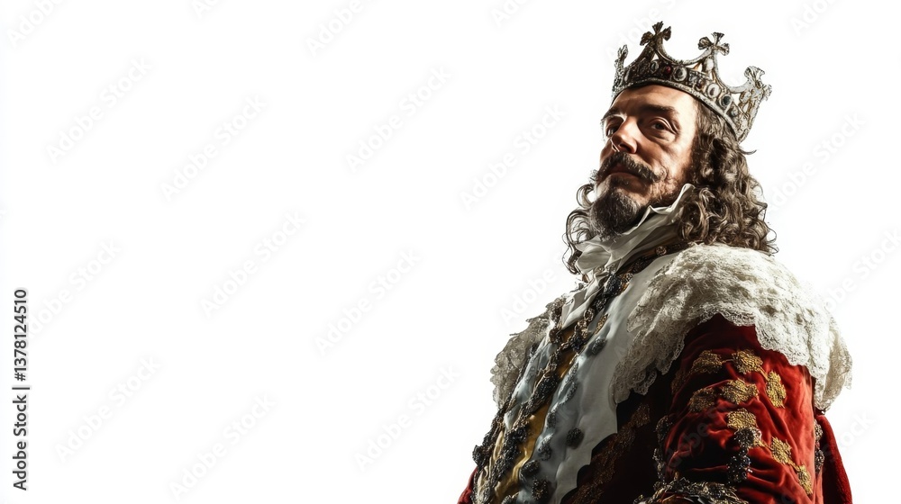 Fototapeta premium Portrait of a regal medieval king in ornate crown and robe on white background.
