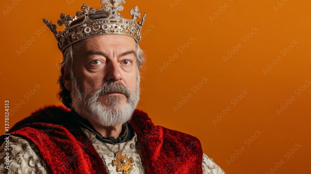 Obraz premium Portrait of noble king in royal robe and crown against orange background.