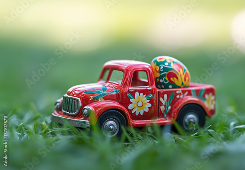 Easter Egg Toy Truck - Festive Red Vehicle with Floral Patterns on Green Grass Background, Perfect for Holiday Marketing & Social Media (AI Generated)