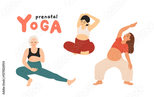 Pregnant women doing prenatal yoga exercises set. Mothers with bellies at fitness workout during pregnancy. Stretching gymnastics for moms. Flat vector illustration isolated on white background