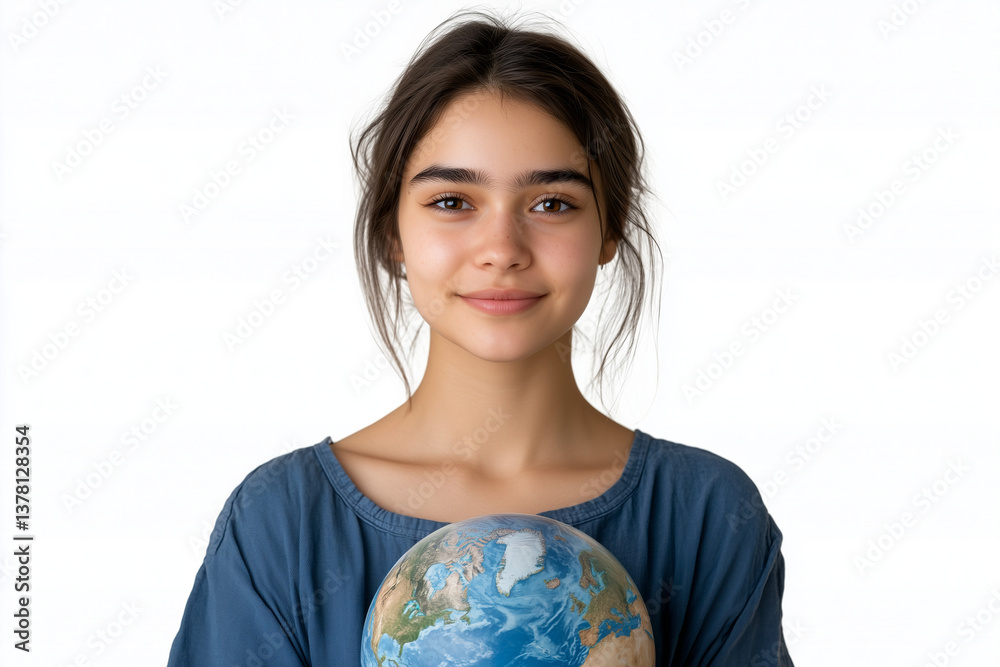 Young Woman in Blue Shirt Holding Earth Globe - Isolated on White (Clipping Path, Copy Space) - Ultra HD Business & Sustainability Concept Young Woman in Blue Shirt Holding Earth Globe - Isolated on White (Clipping Path, Copy Space) - Ultra HD Business & Sustainability Concept