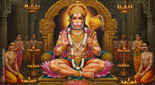 Majestic depiction of Lord Hanuman adorned in divine regalia and surrounded by devotees photo