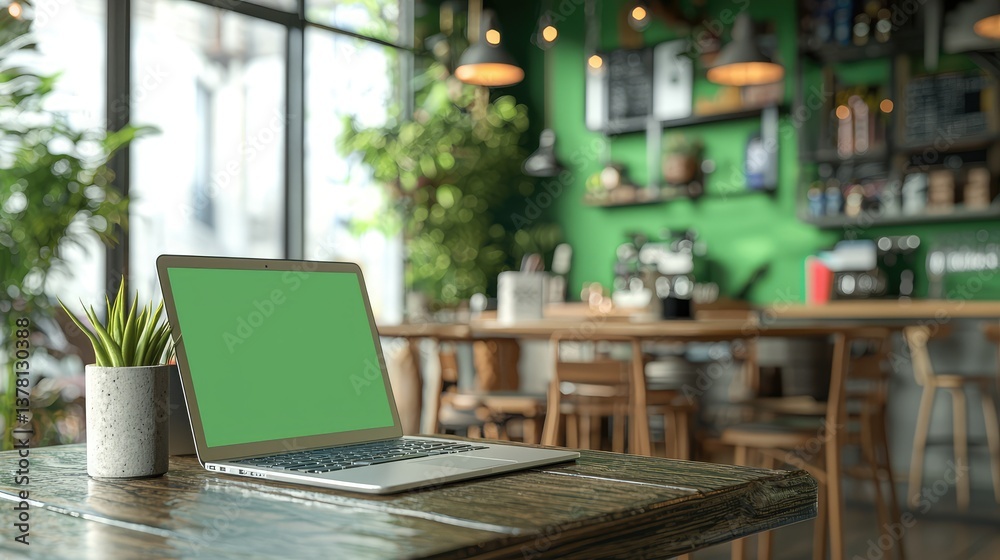 Naklejka premium A Cafe with a professional laptop on a table, open to a chroma key display.