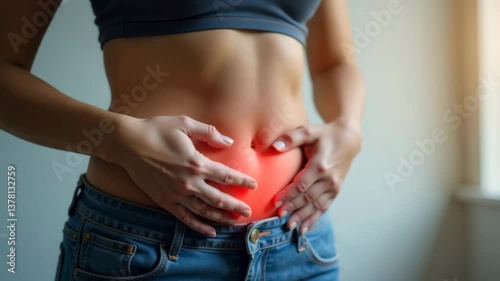 Woman holding her hands on the stomach, abdominal pain
