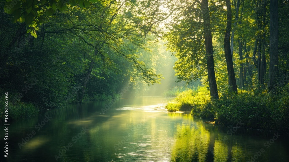 A serene river flows through a lush green and sunlit forest A serene river flows through a lush green and sunlit forest