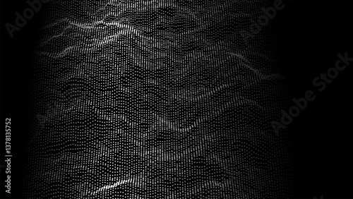 Wave of flowing particles on a dark background. Abstract backdrop with dynamic elements of waves and dots. Vector