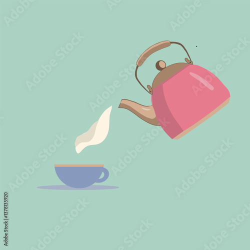  Pink teapot with blue tea cup vector illustration on mint background, colorful  Tea kettle  drawing