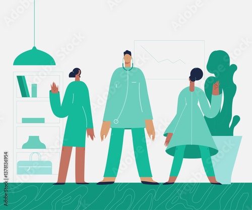 Medical team, medical insurance, specialists visit. Vector illustration flat design. Use in Web Project and Applications