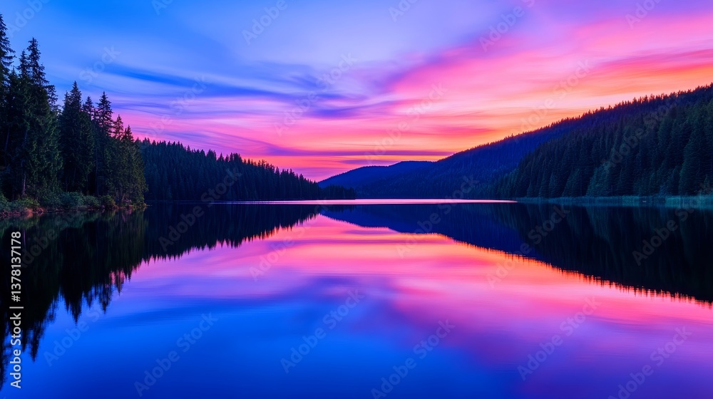 Fototapeta premium Serene Sunset Lake Reflection - Peaceful lake reflecting vibrant sunset colors, symbolizing tranquility, beauty, nature, serenity, and reflection
