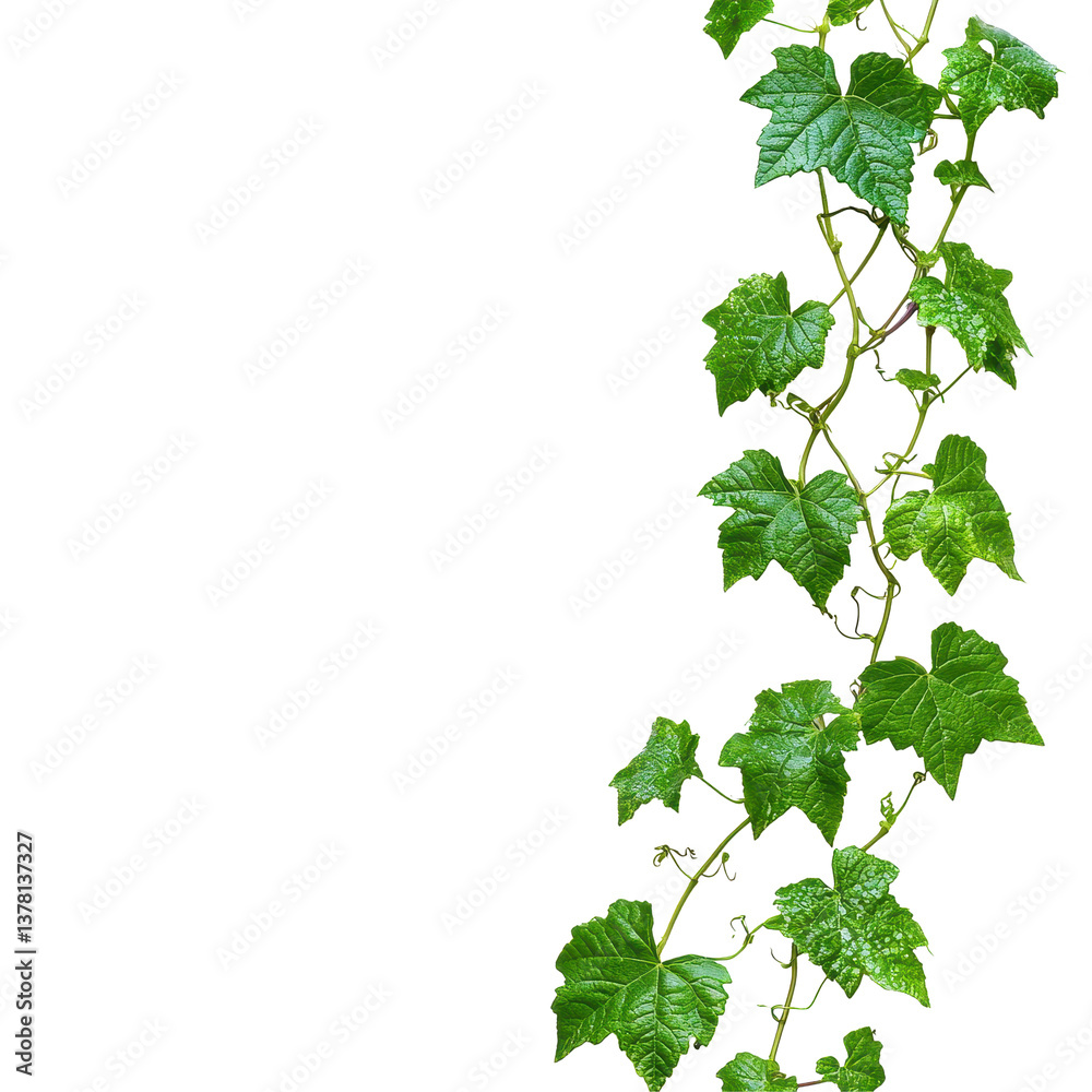 Naklejka premium Closeup of lush green growing vines on Transparent background showcasing their natural beauty and intricate details, Closeup growing vines isolated on PNG background