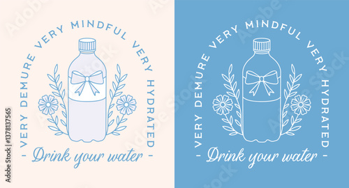 Drink your water stay hydrated funny reminder very demure very mindful floral water bottle hydrate quotes. Retro vintage girly blue aesthetic cute printable poster print sticker shirt design.