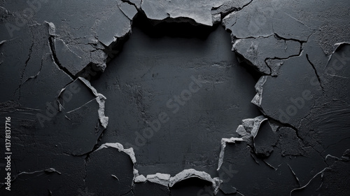 jagged hole in center of dark gray wall reveals textured surface, creating dramatic contrast. cracked edges add depth and intrigue to scene, evoking sense of mystery
