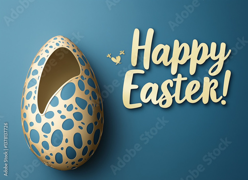 Premium Easter Card e-Mockup - Elegant Blue & Gold Egg Cutout Design with 'Happy Easter!' Text (Fully Editable PSD, High-Res Commercial Use) photo