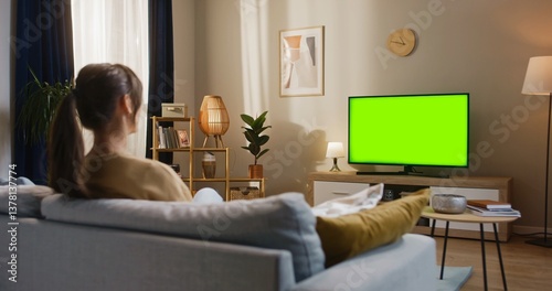 Canvas Print Camera sliding behind blurred Caucasian woman with ponytail