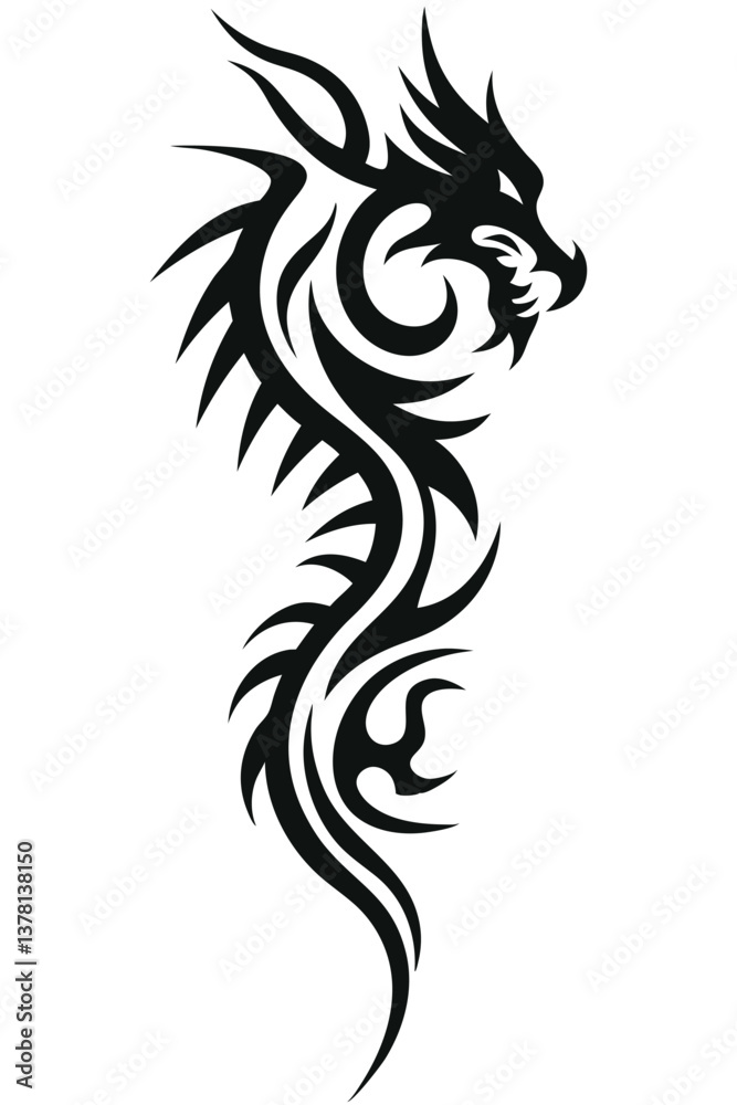 Obraz premium Black and white tribal dragon tattoo vector illustration
