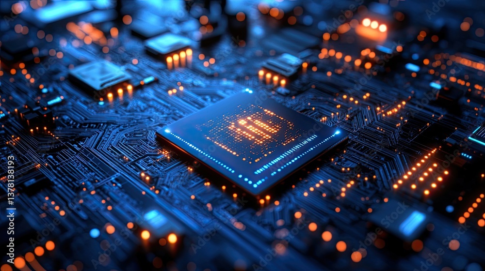 Abstract AI Technology Concept – A digital background featuring futuristic data processing and artificial intelligence design elements on a dark blue background. Abstract AI Technology Concept – A digital background featuring futuristic data processing and artificial intelligence design elements on a dark blue background.
