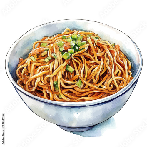 A watercolor painting of chow mein, isolated on a white background. Chow mein vector

