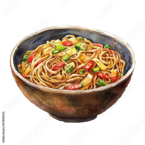 A watercolor painting of chow mein, isolated on a white background. Chow mein vector

