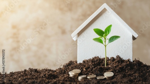 Green Plant Sprouting from Soil with House and Coins Symbolizing Growth, Investment, and Real Estate Prosperity