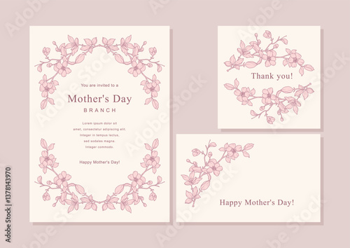 Mother's Day Brunch Invitation Card Template, Floral Greeting Card, Thank You Card. Vector Floral Frame for Wedding Decor, Save the Date, Happy Birthday