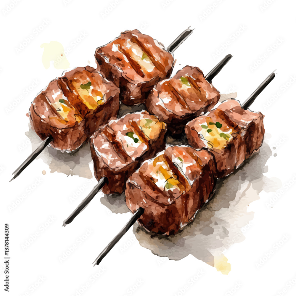 A watercolor painting of churrasco, isolated on a white background. Churrasco vector

