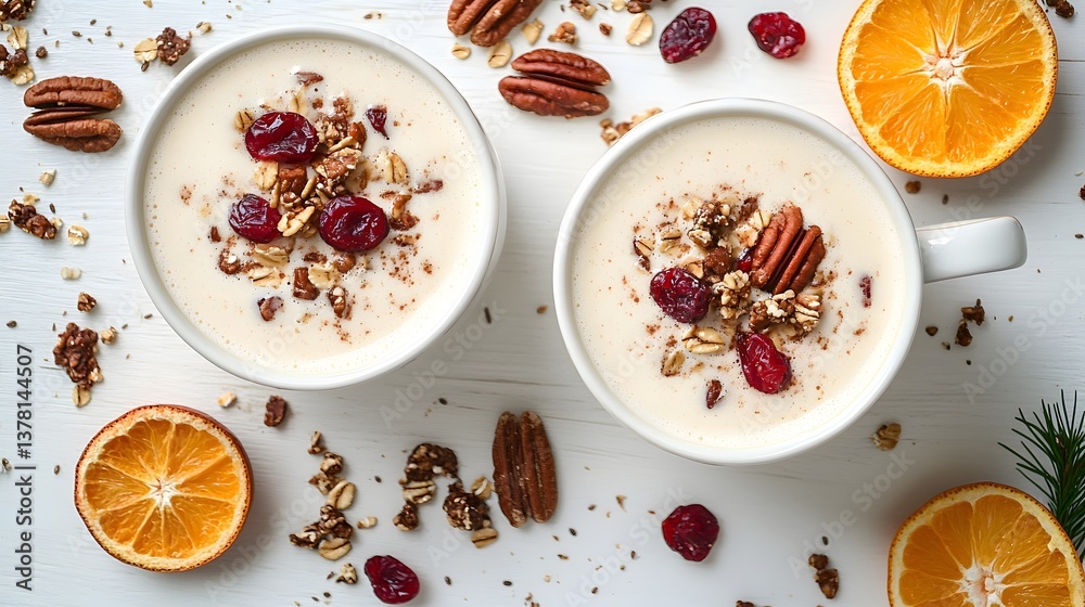 Oat milk latte with granola topping, dried cranberries, orange slices, and roasted nuts sits in white ceramic bowl on rustic wood, styled minimally with morning light. Oat milk latte with granola topping, dried cranberries, orange slices, and roasted nuts sits in white ceramic bowl on rustic wood, styled minimally with morning light.