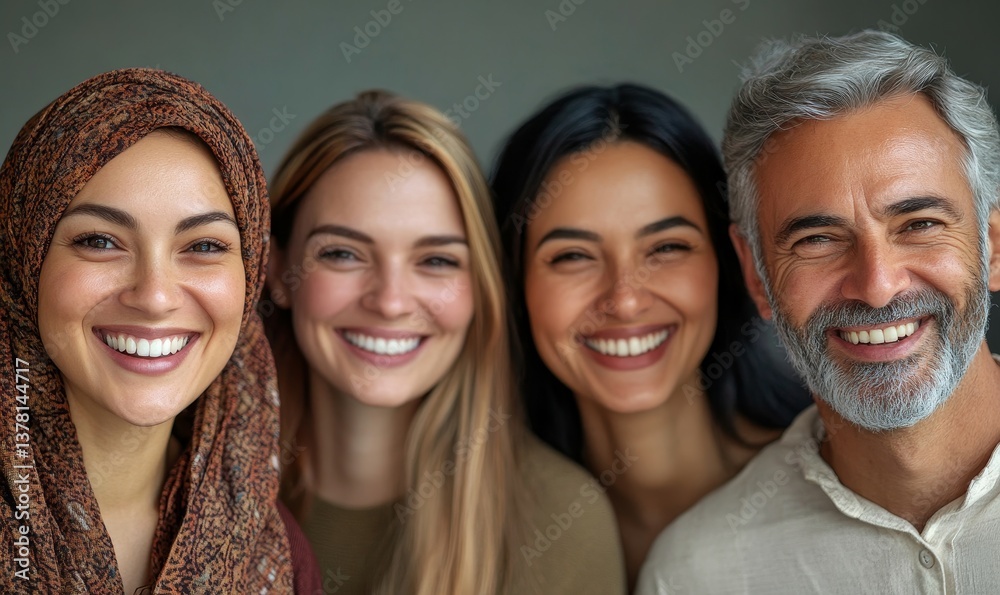 Group of happy multiethnic and multi aged people smiling to camera, Generative AI Group of happy multiethnic and multi aged people smiling to camera, Generative AI