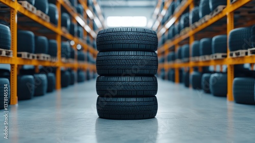 Stack of Four Black Tires in Automotive Warehouse Surrounded by Shelves of Additional Tires and Equipment