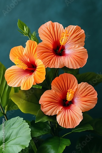 Wallpaper Mural Vibrant Orange Hibiscus Flowers Blooming with Lush Green Leaves Against Teal Backdrop Torontodigital.ca
