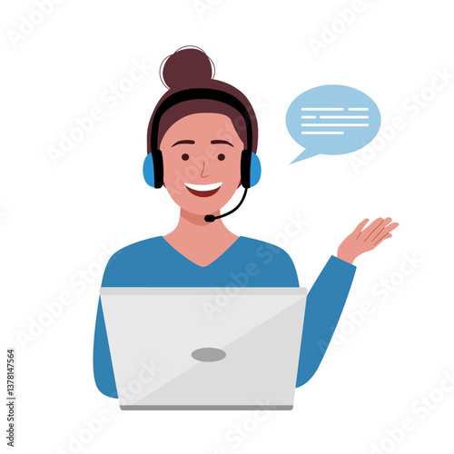 Smiling woman in headset sit ta desk talk on video call on computer. Happy female call center agent have online conversation on laptop. Vector illustration.