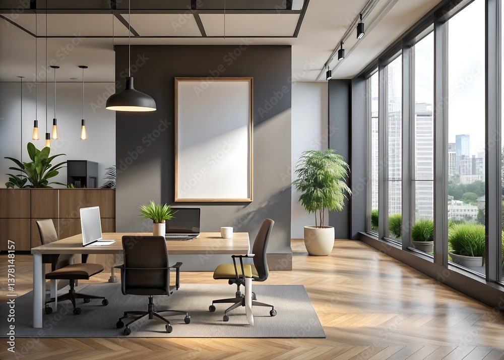 Fototapeta premium Meeting room with empty display white blank frame mockup. Modern business offices reception background as banner with copy space. 