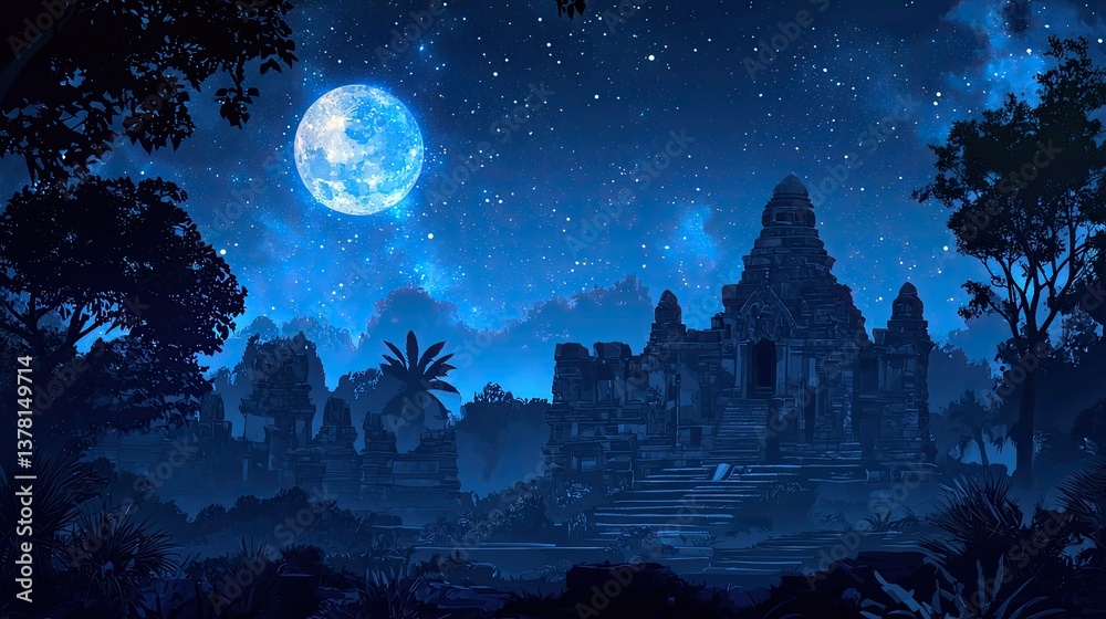 Naklejka premium Ancient temple ruins are bathed in moonlight under a starry sky