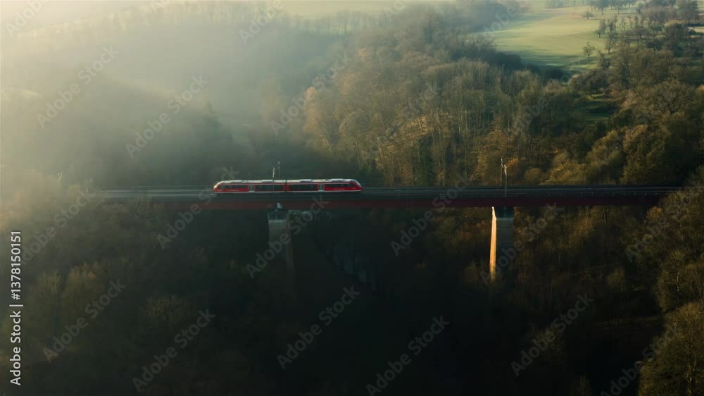 Drone aerial view of a passenger train traveling on a bridge over a river in the forest. Sunrise scenery on a foggy morning with a train passing on a bridge
