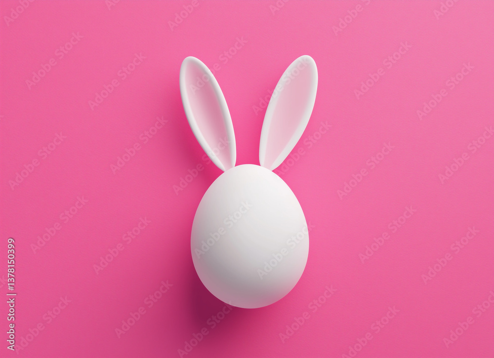 Obraz premium Ultra-Realistic Easter Egg with Bunny Ears - Vibrant Pink Flat Lay (Minimalist Top View Photo Render)