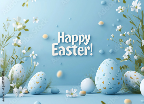 Happy Easter! - Vibrant Blue Background with Festive Egg & Text – Ultra HD Vector Illustration, Copy Space, Perfect for Greeting Cards & Social Media photo