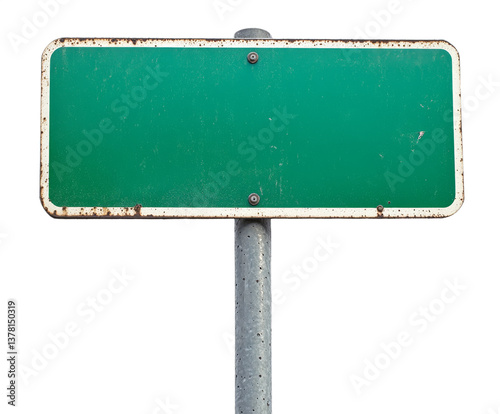 A rusted green street sign stands tall on a metal post. The sign lacks any markings or text, leaving it completely blank in this urban setting, suggesting an area with no specified information