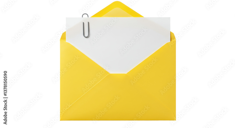 Isolated Open Yellow Envelope with White Paper and Clip Isolated Open Yellow Envelope with White Paper and Clip