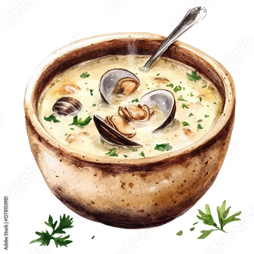 A watercolor painting of clam chowder, isolated on a white background. Clam chowder vector

