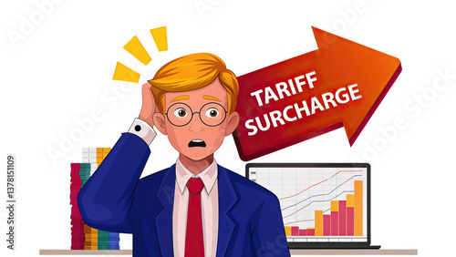 Businessman looking surprised at tariff surcharge with increasing graph in background, expressing concern about rising costs
