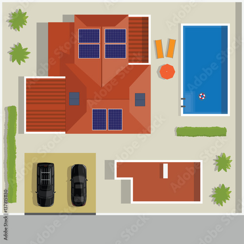 Suburban house with pool, green garden and parking lot with cars top view.  Large house with solar panels on roof