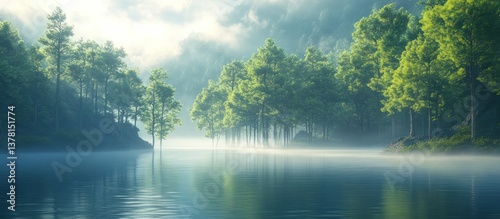 Misty Forest Lake Sunrise