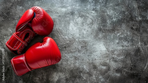 Pair of red boxing gloves isolated on gray textured background with copy space. This is a clipping path. Advertising banner, mockup, poster, template, playbill