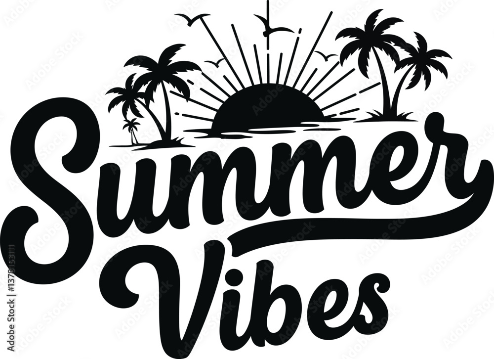 Naklejka premium Hand draw text Summer vibes with sun vector banner design. Warm season lettering typography for card, invitation. Calligraphy greeting card. Logo, badge, icon, banner, poster, sticker, print.