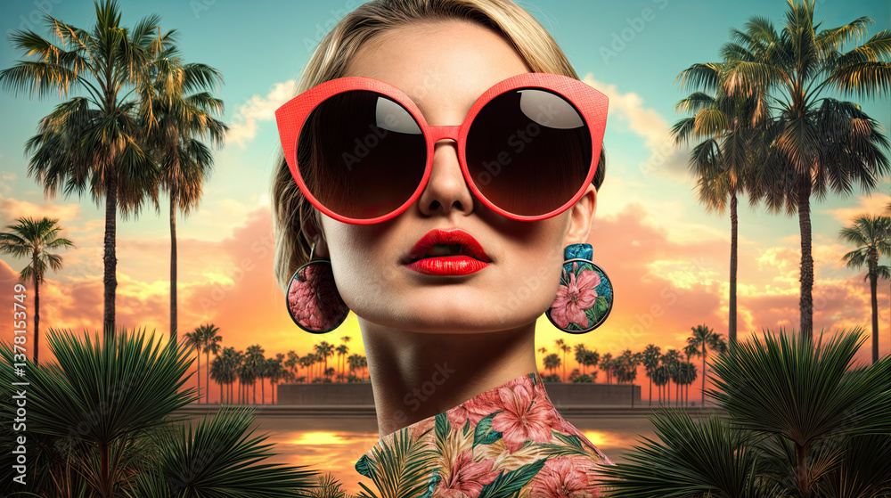 A woman with vibrant red sunglasses and tropical-floral earrings, set against a backdrop of a stunning sunset over palm trees.