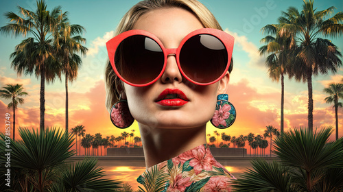 Obraz na płótnie A woman with vibrant red sunglasses and tropical-floral earrings, set against a backdrop of a stunning sunset over palm trees. w salonie