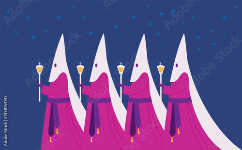 Spanish Nazarenos in Holy Week Procession. Traditional Easter characters.